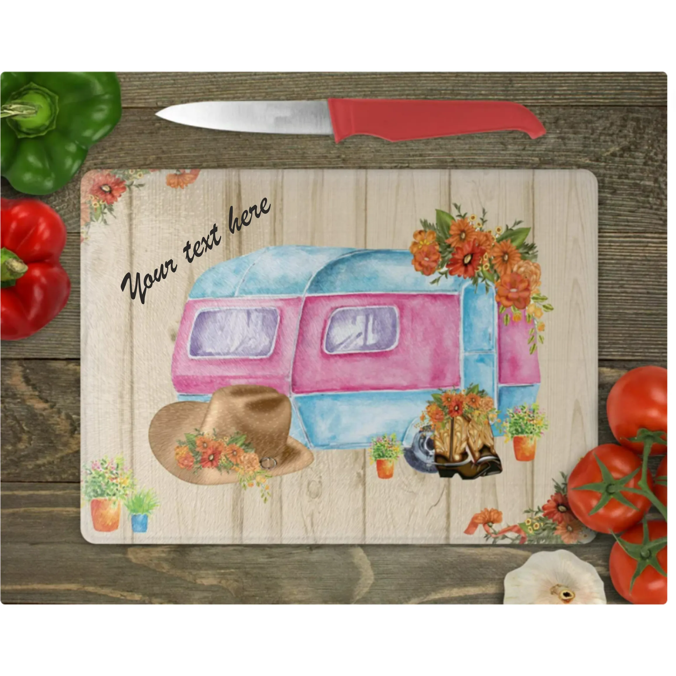 Personalised Pink Caravan Chopping Board