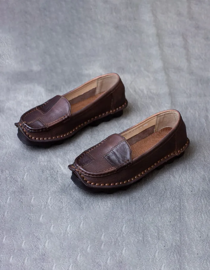 Round Head Handmade Retro Leather Loafers for Women 35-42