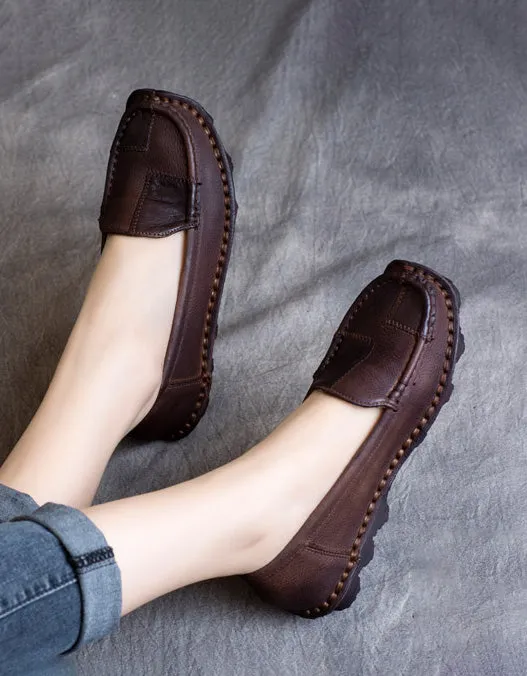 Round Head Handmade Retro Leather Loafers for Women 35-42