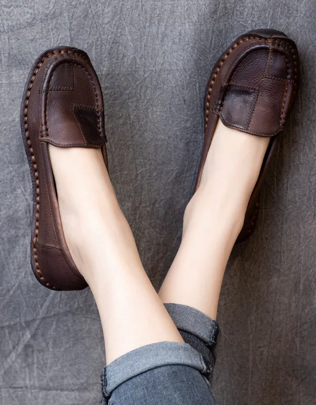 Round Head Handmade Retro Leather Loafers for Women 35-42