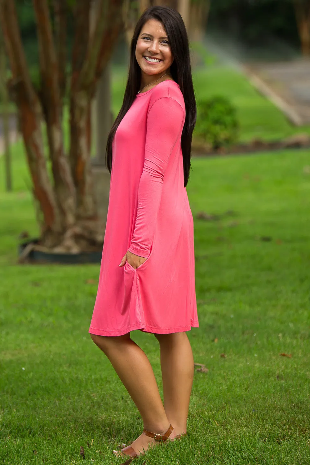 SALE-The Perfect Piko Long Sleeve Swing Dress-Coral