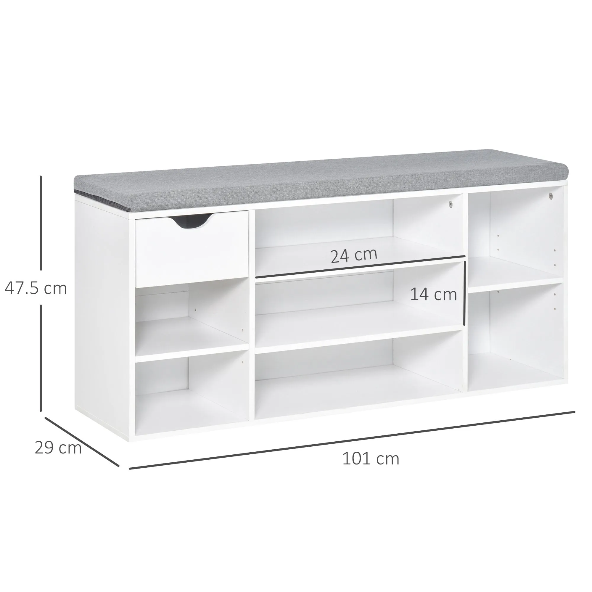 Shoe Bench with Seat Cushion Shoe Storage Cabinet with 7 Compartments Drawer Adjustable Shelves for Entryway Hallway Living Room White and Grey w/