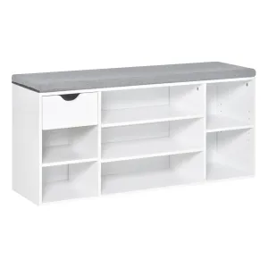 Shoe Storage Bench w/ Cushion 7 Compartments Adjustable Shelves White and Grey