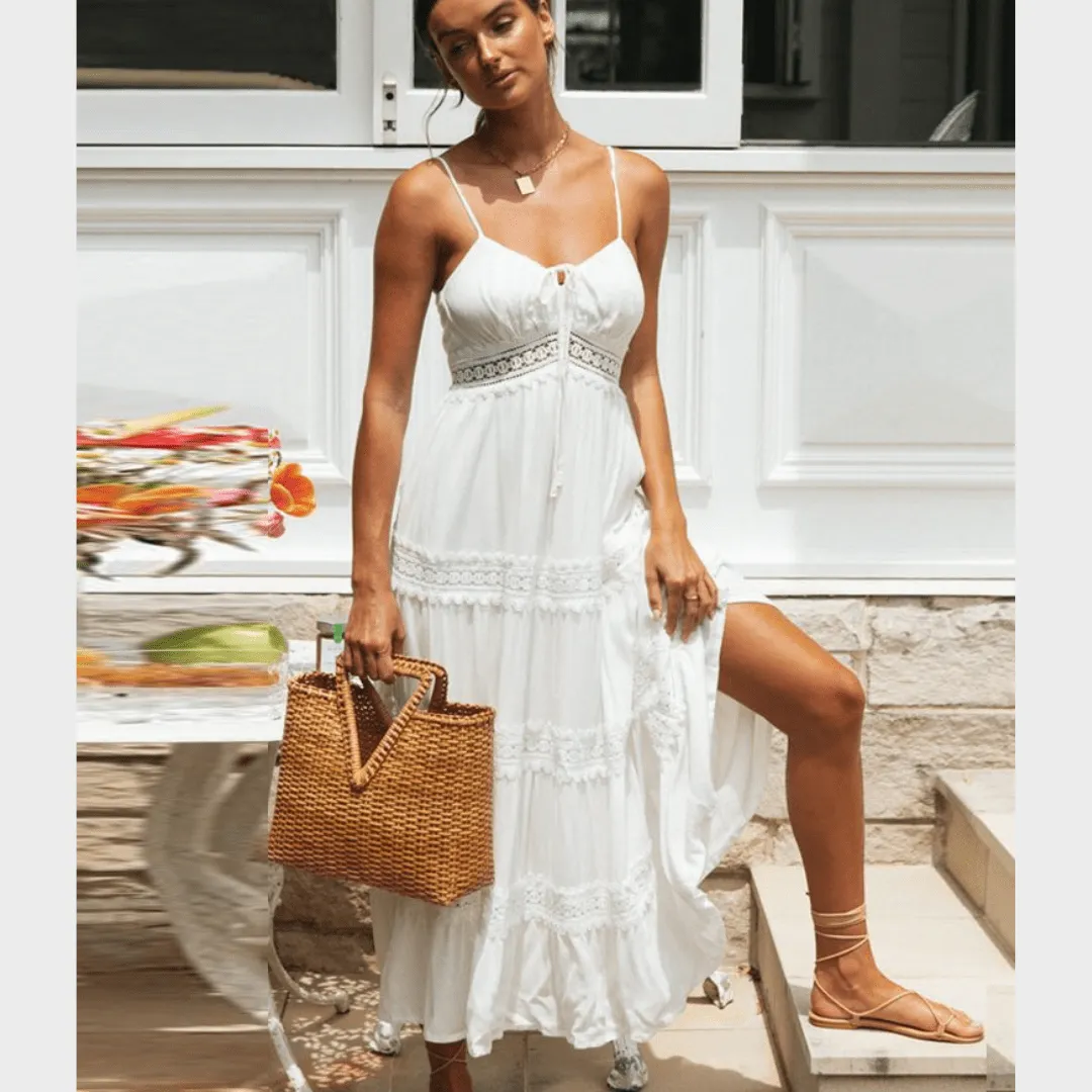 Spaghetti Strap White Long Summer Dress