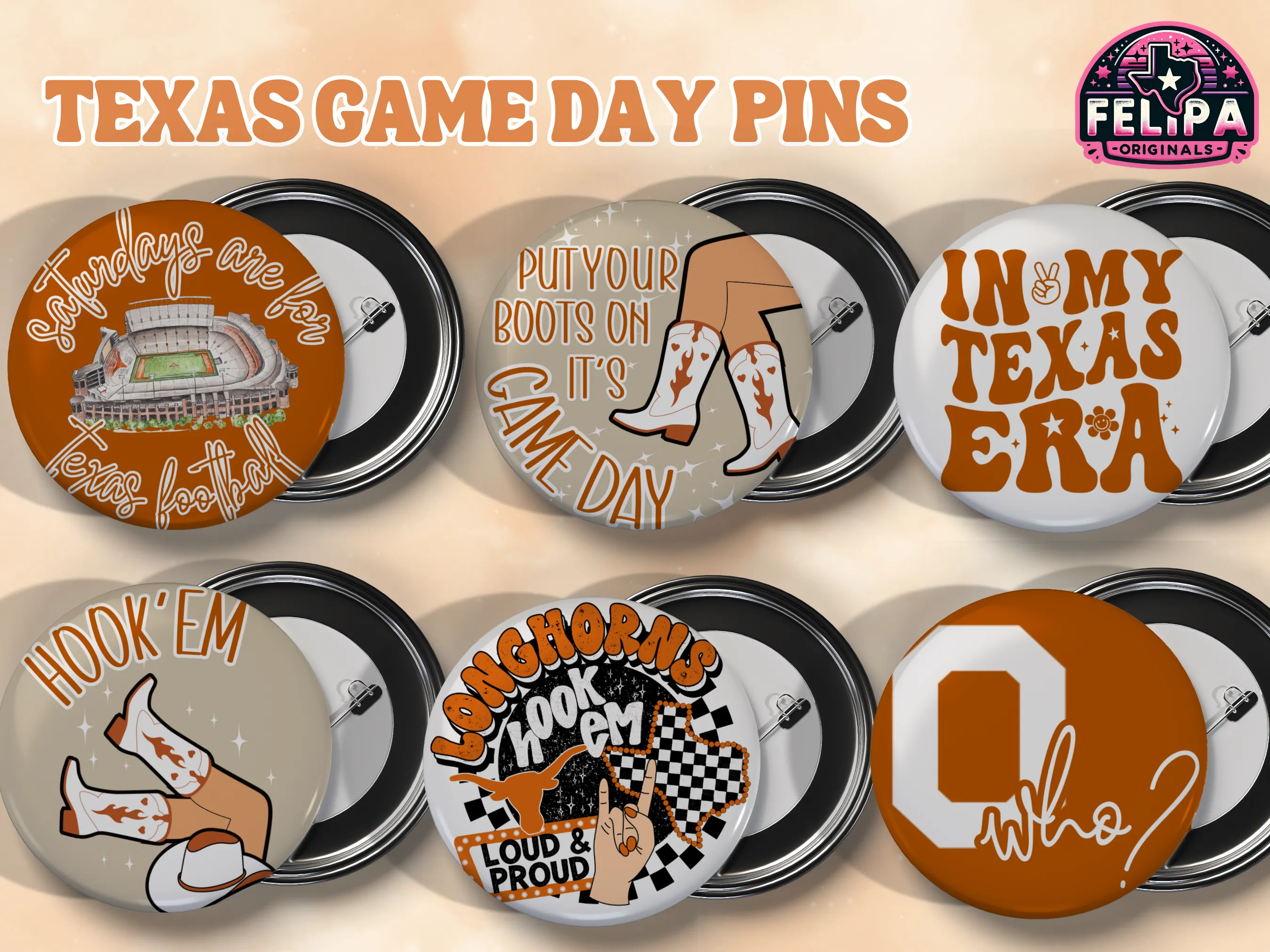 Texas Game Day Pin Badge 2.25" Longhorns – 6 Unique Set 2.25" Pins for College Football Fans