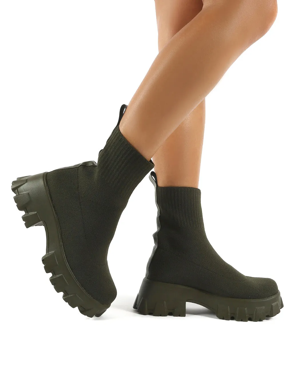 Trust Khaki Chunky Platform Sole Sock Ankle Boots