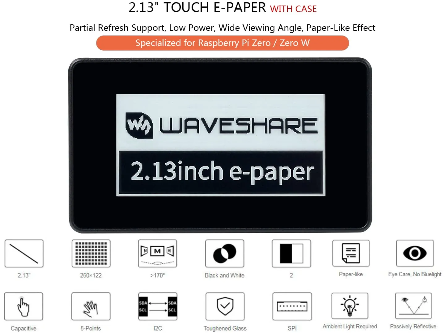 waveshare 2.13inch Touch e-Paper Display with ABS Case for Raspberry Pi Zero 2 W/Raspberry Pi Zero/Pi Zero W/Pi Zero WH, 250x122 Pixels E-Ink, Paper-Like Effect Support Partial Refresh