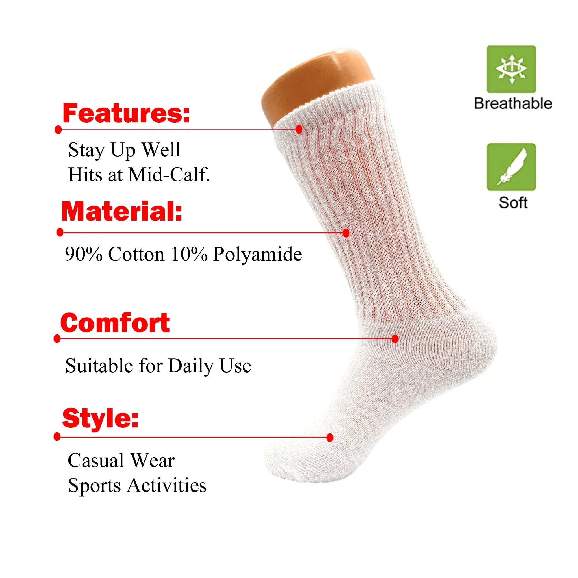 White Mid-Calf Long Cotton Crew Socks for Women 3 Pairs