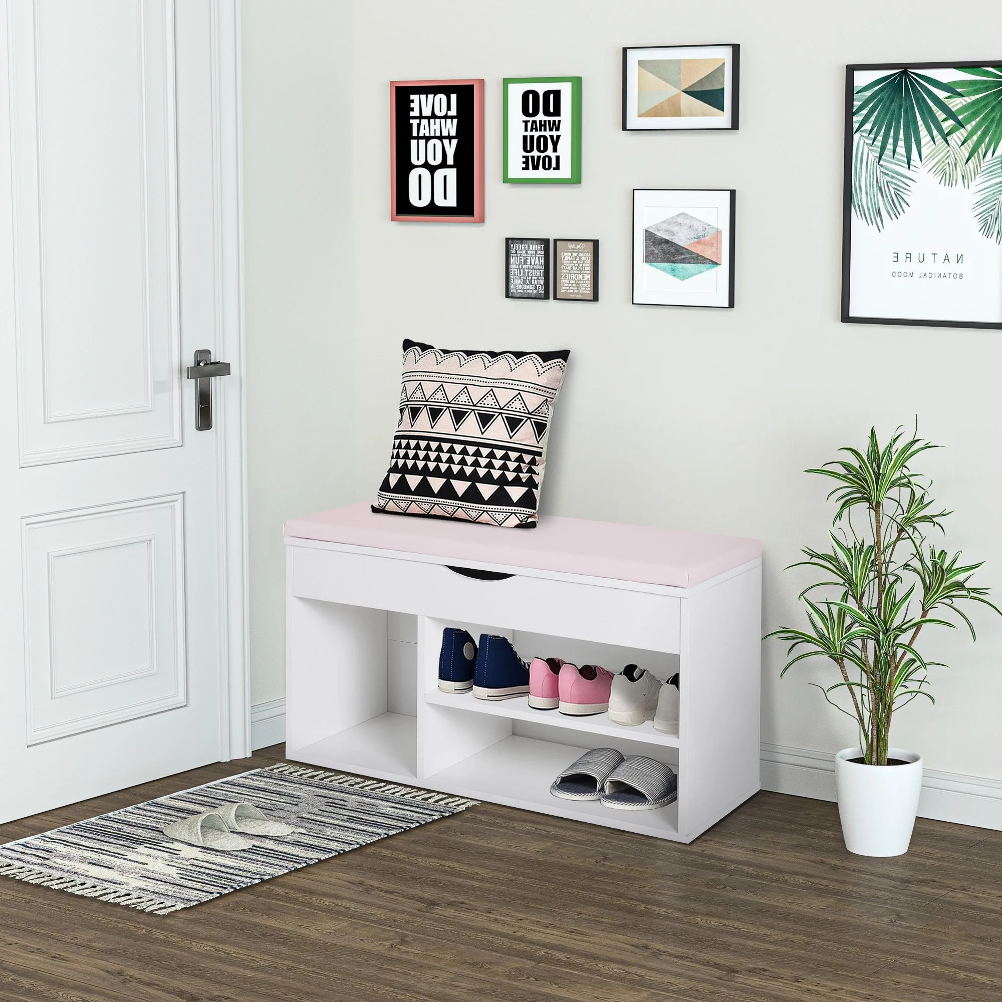 Wooden Shoes Cabinet Bench Hidden Storage Padded Seat Organiser Footwear Rack Hallway White Pink 80 x 30 x 47 cm