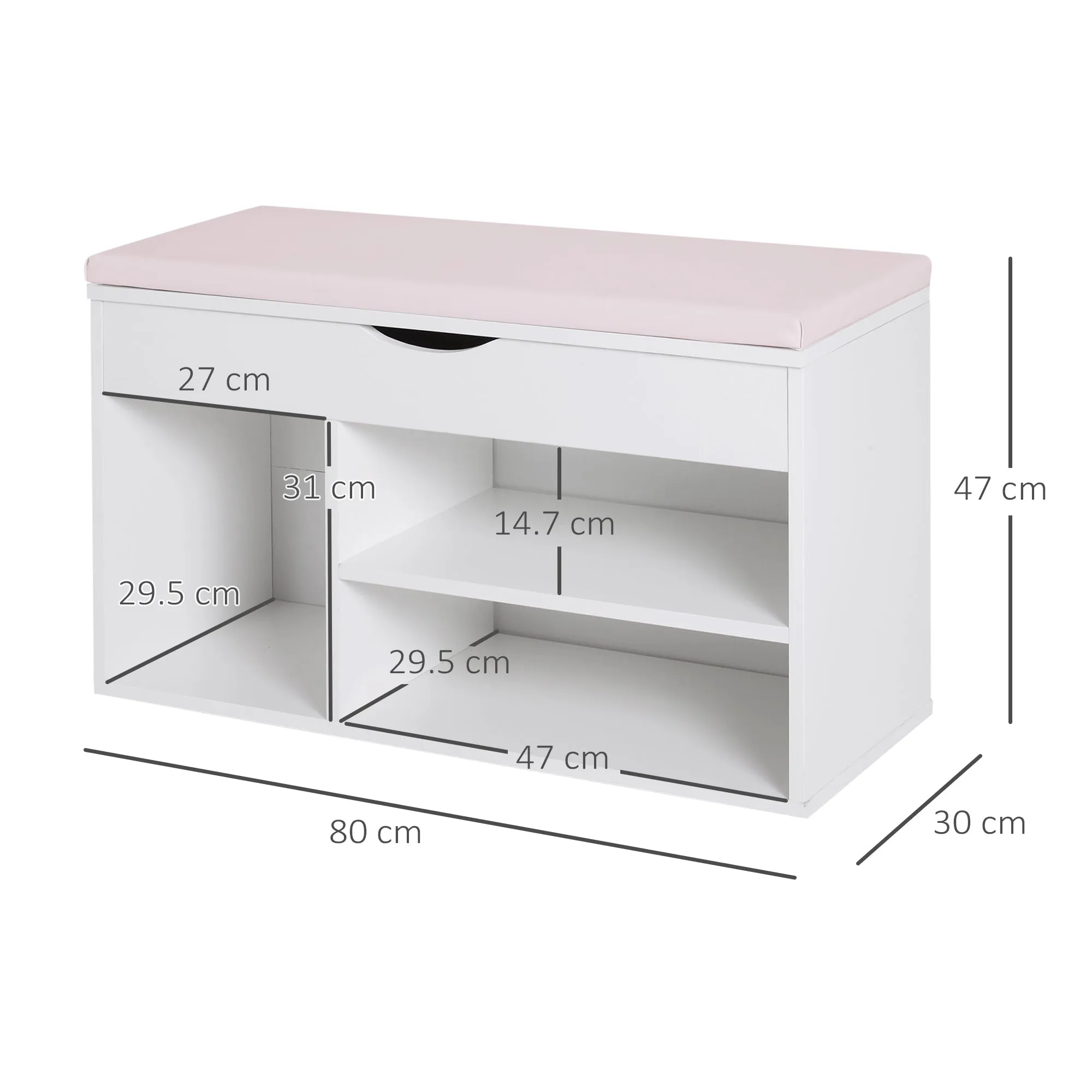 Wooden Shoes Cabinet Bench Hidden Storage Padded Seat Organiser Footwear Rack Hallway White Pink 80 x 30 x 47 cm