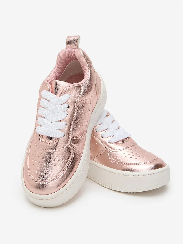 Yellow Rose Gold Perforated Lace-Up Shoes